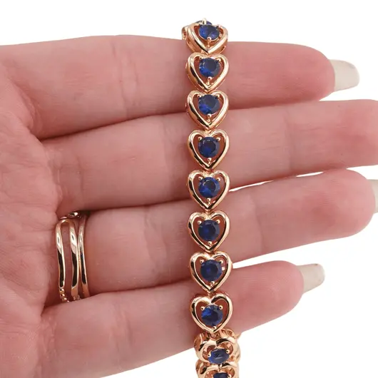 Bratara din cupru placat cu aur roz 18k, model inimi cu zirconiu albastru, imagine 3
