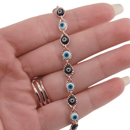 Bratara din cupru placat cu aur roz 18k, model ochi protector alb si albastru, imagine 3