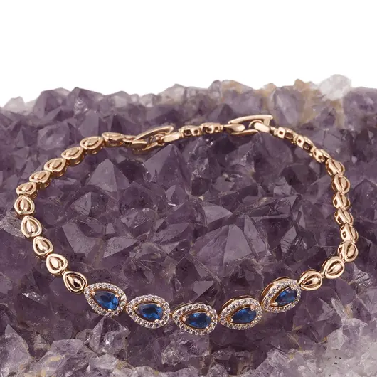 Bratara din cupru placat cu aur roz 18k, model picatura cu zirconii albastre, imagine 2
