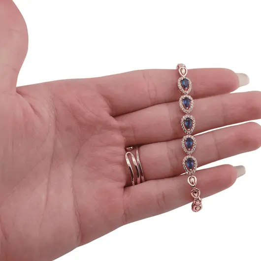 Bratara din cupru placat cu aur roz 18k, model picatura cu zirconii albastre, imagine 3