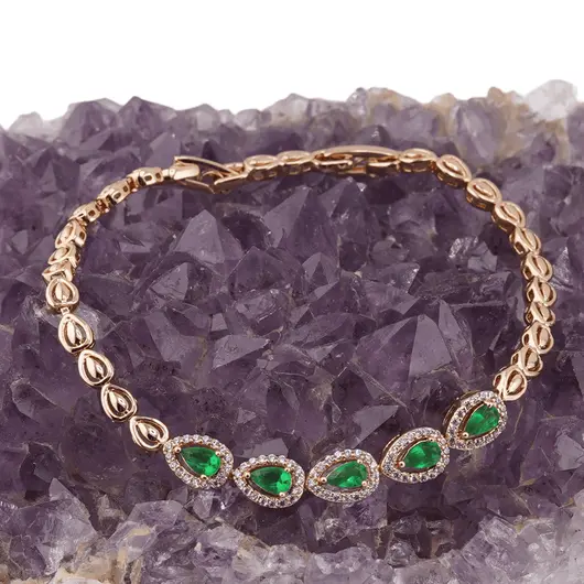 Bratara din cupru placat cu aur roz 18k, model picatura cu zirconii verzi, imagine 2