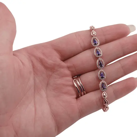 Bratara din cupru placat cu aur roz 18k, model picatura cu zirconii violet, imagine 3