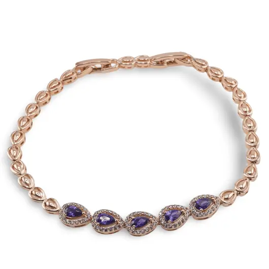 Bratara din cupru placat cu aur roz 18k, model picatura cu zirconii violet