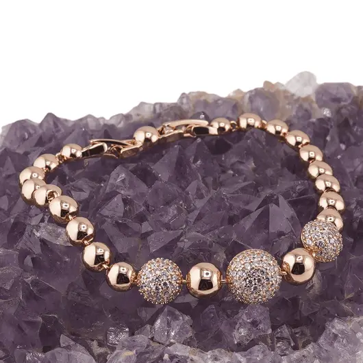 Bratara din cupru placat cu aur roz 18k, model semisfere si zirconii, imagine 2