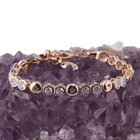Bratara din cupru placat cu aur roz 18k, model stelute decupate si zirconii hexagonale, imagine 2