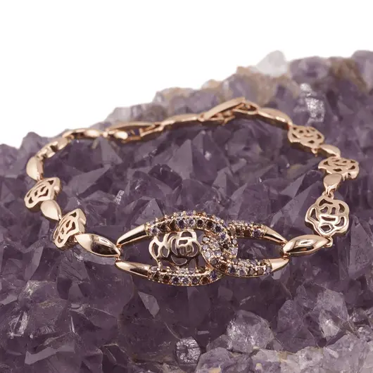 Bratara din cupru placat cu aur roz 18k, model trandafiri si zirconiu multicolor, imagine 2