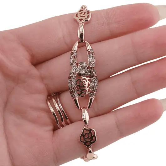 Bratara din cupru placat cu aur roz 18k, model trandafiri si zirconiu multicolor, imagine 3