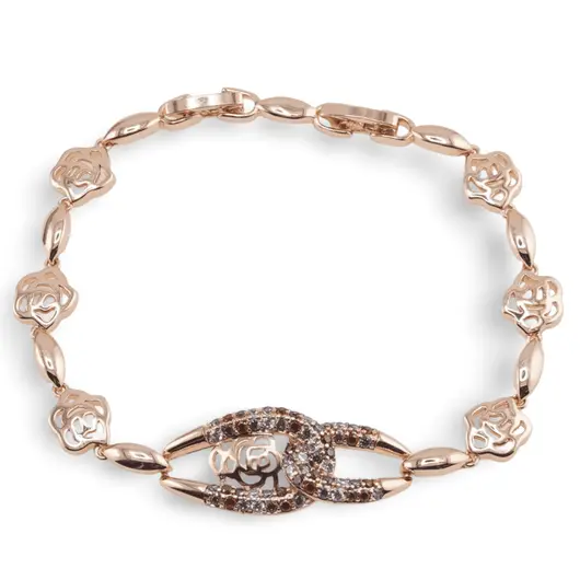 Bratara din cupru placat cu aur roz 18k, model trandafiri si zirconiu multicolor
