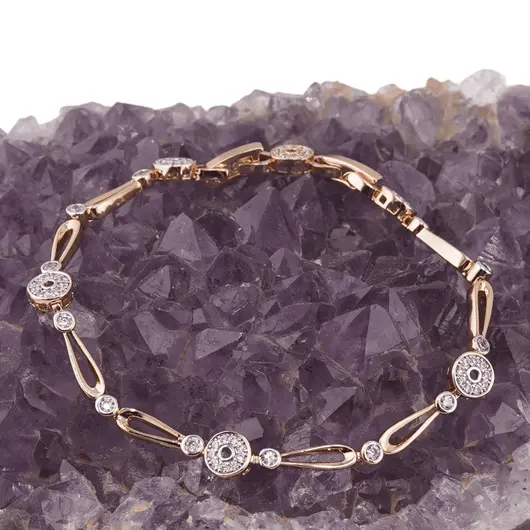 Bratara din cupru placat cu aur roz 18k, model zale alungite si zirconii, imagine 2