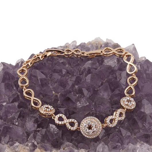Bratara din cupru placat cu aur roz 18k, model zale infinit si zirconii rosii, imagine 2