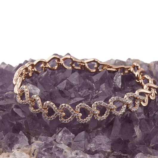 Bratara din cupru placat cu aur roz 18k, model zale inima cu zirconii, imagine 2