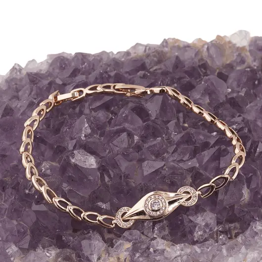 Bratara din cupru placat cu aur roz 18k, zale alungite si ochiul protector, imagine 2
