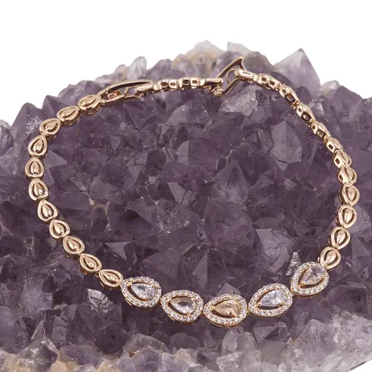 Bratara din cupru placat cu aur roz 18k, model picatura cu zirconii multicolore, imagine 2