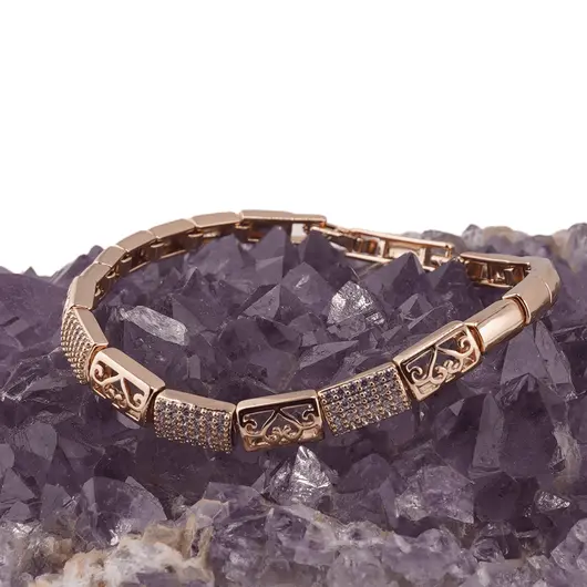 Bratara din cupru placat cu aur roz 18k, model tablite cu inimi gravate, imagine 2