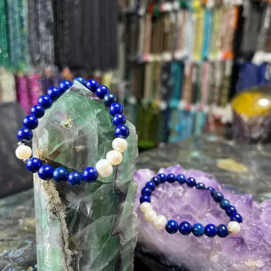 Bratara Lapis Lazuli si Perle de cultura sfere cu elemente argintii pe elastic, 8mm, imagine 5