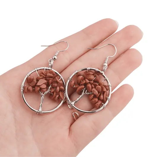 Cercei cu agatatoare Goldstone maro chips pomul vietii, 30mm, imagine 4