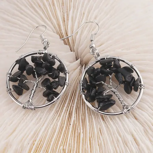 Cercei cu agatatoare Obsidian chips pomul vietii, 30mm, imagine 2