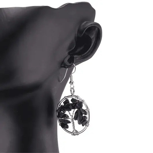 Cercei cu agatatoare Obsidian chips pomul vietii, 30mm, imagine 3