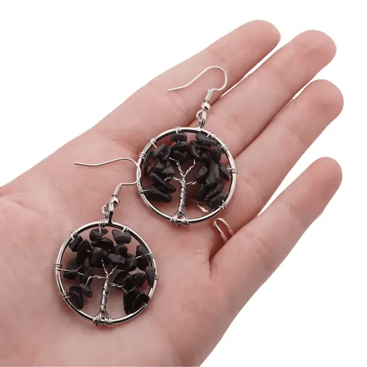 Cercei cu agatatoare Obsidian chips pomul vietii, 30mm, imagine 4