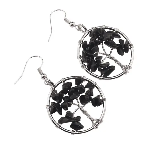 Cercei cu agatatoare Obsidian chips pomul vietii, 30mm