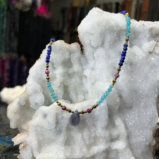 Colier Lapis Lazuli, Apatit, Rubin, Iolith si Hematit auriu, 2-15mm, imagine 8