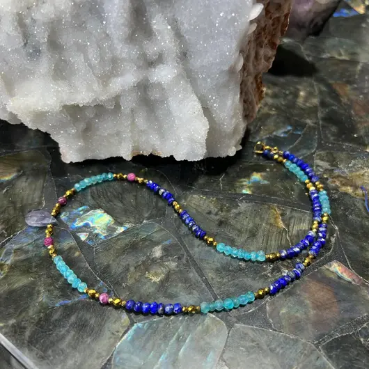 Colier Lapis Lazuli, Apatit, Rubin, Iolith si Hematit auriu, 2-15mm, imagine 10