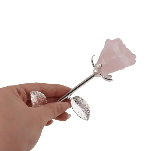 Trandafir din metal argintiu si Cuart roz, 24cm, imagine 4