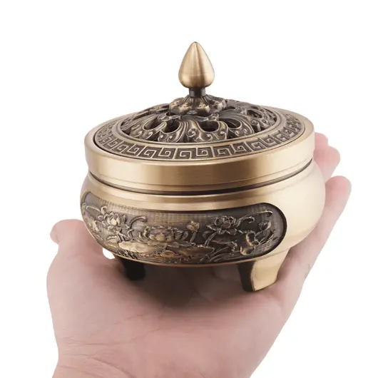 Vas din bronz pentru ardere tamaie si ierburi parfumate cu lotus, 8cm, imagine 7