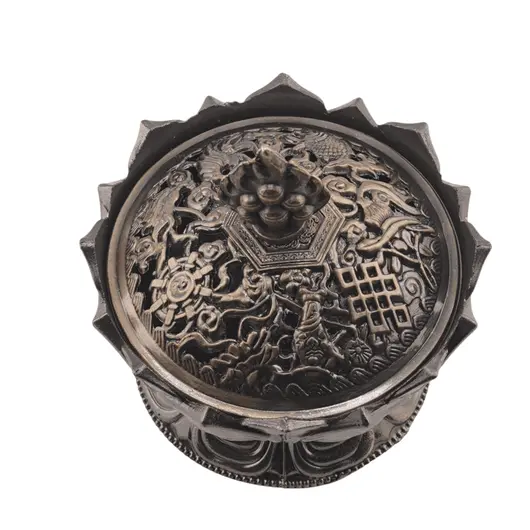 Vas pentru ardere tamaie si ierburi parfumate Lotus cu model feng-shui, alama - 7cm, imagine 2