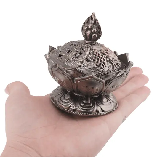Vas pentru ardere tamaie si ierburi parfumate Lotus cu model feng-shui, alama - 7cm, imagine 5