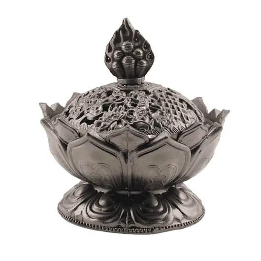 Vas pentru ardere tamaie si ierburi parfumate Lotus cu model feng-shui, alama - 7cm