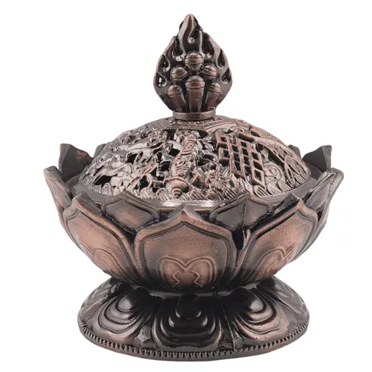Vas pentru ardere tamaie si ierburi parfumate Lotus cu model feng-shui, cupru - 7cm