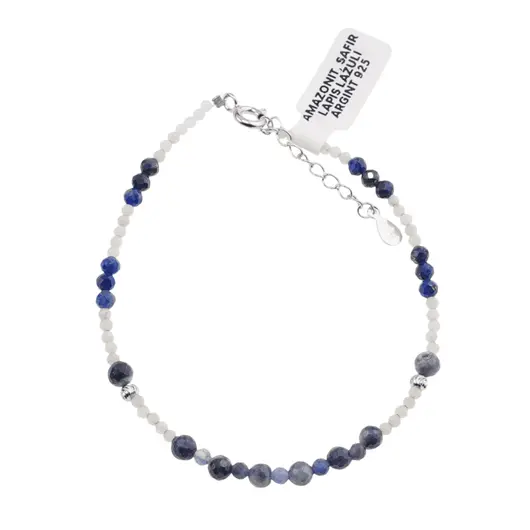 Bratara Amazonit, Safir si Lapis Lazuli sfere fatetate cu Argint 925, 2-4mm