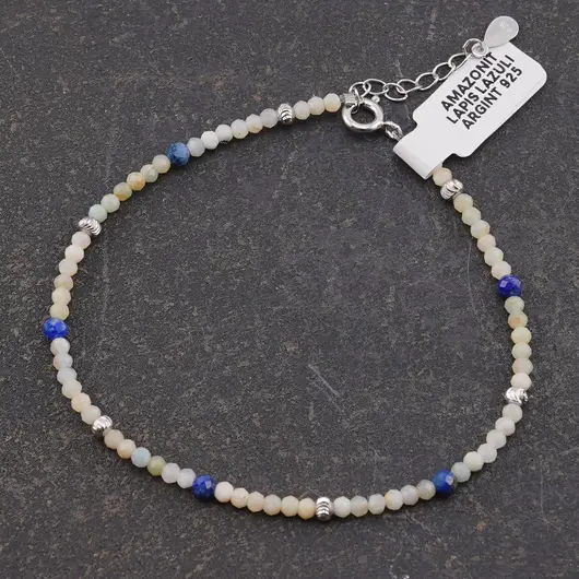 Bratara Amazonit si Lapis Lazuli sfere fatetate si Argint 925, 2-3mm, imagine 2