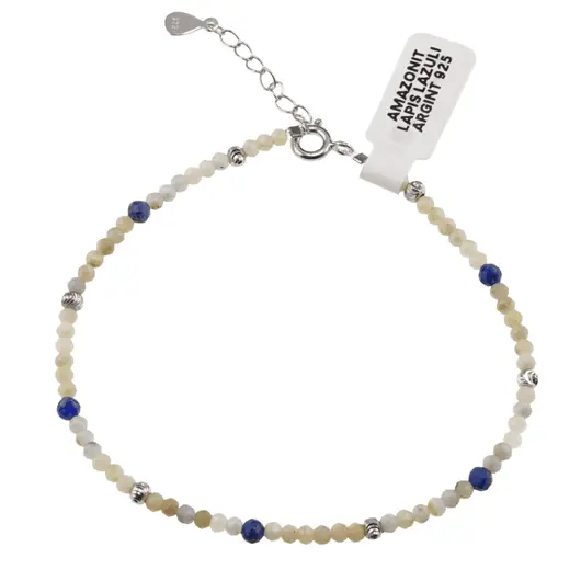 Bratara Amazonit si Lapis Lazuli sfere fatetate si Argint 925, 2-3mm