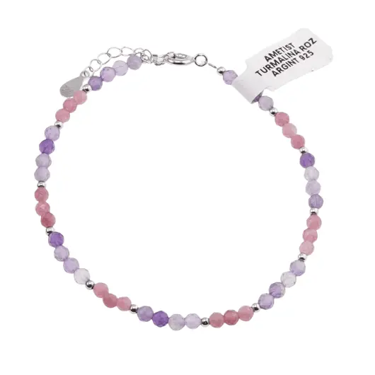 Bratara Ametist si Turmalina roz sfere fatetate cu Argint 925, 3-4mm