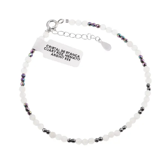 Bratara Cristal de stanca, Cuart roz si Hematit sfere fatetate si Argint 925, 2-3mm
