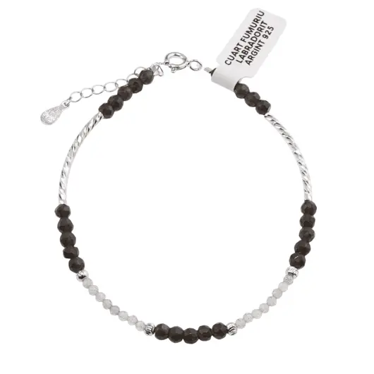 Bratara Cuart fumuriu si Labradorit cu Argint 925, 2-4mm