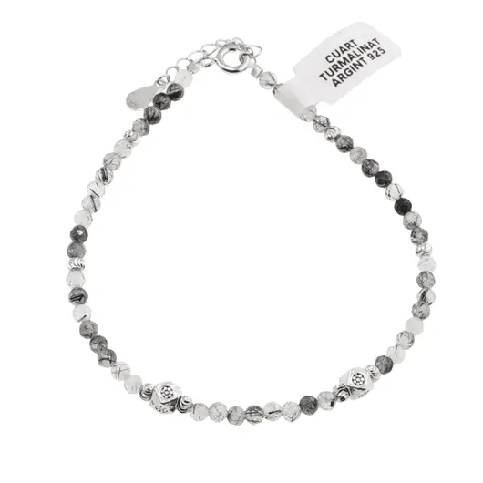 Bratara Cuart turmalinat sfere fatetate cu Argint 925, 3mm