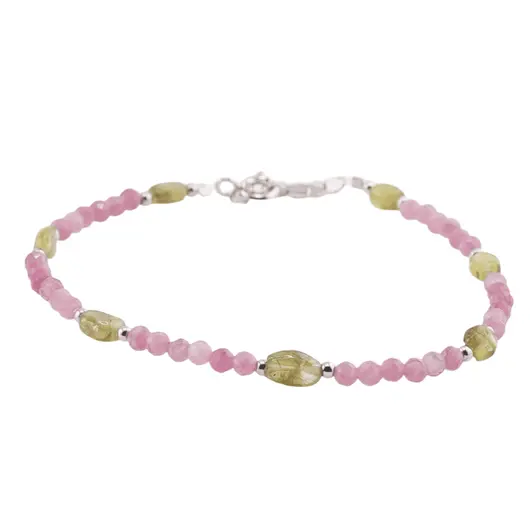 Bratara Peridot neuniform si Turmalina roz sfere cu Argint 925, 3-6mm, imagine 2