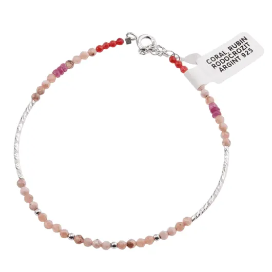 Bratara Rodocrozit, Rubin si Coral rosu cu Argint 925, 2-3mm