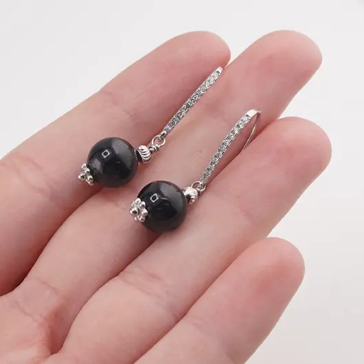 Cercei cu agatatoare Turmalina neagra si baza de Argint 925 cu zirconii, 8mm, imagine 3