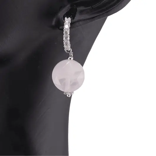 Cercei cu surub Cuart roz si baza de Argint 925 semirotunda cu zirconii, 11mm, imagine 2