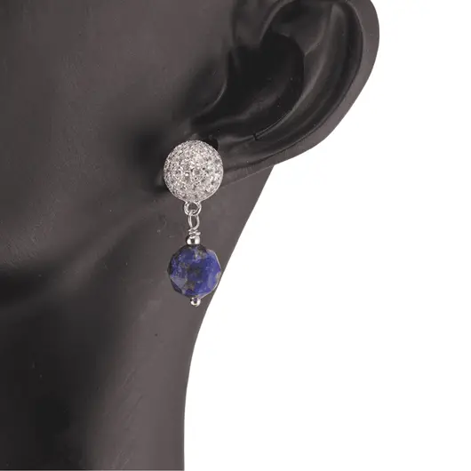 Cercei cu surub Lapis Lazuli cu baza din Argint 925 semisfera cu zirconii, 7mm, imagine 2