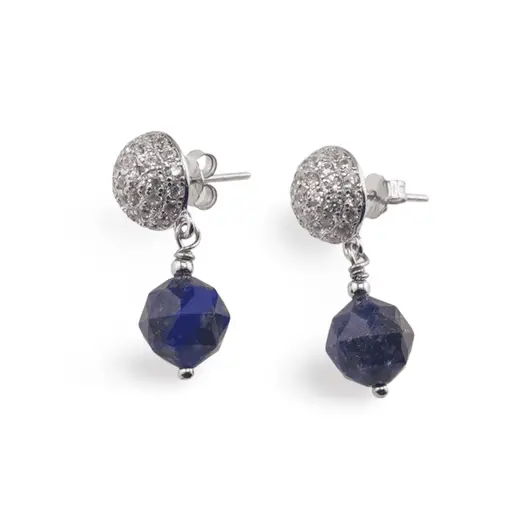 Cercei cu surub Lapis Lazuli cu baza din Argint 925 semisfera cu zirconii, 7mm