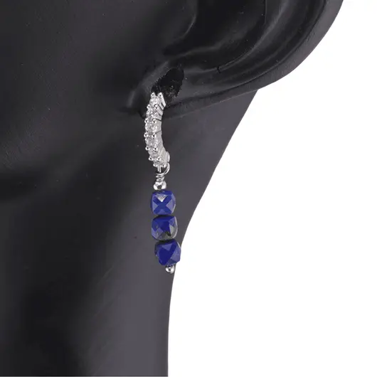Cercei cu surub Lapis Lazuli cuburi si baza de Argint 925 semirotunda cu zirconii, 4mm, imagine 2