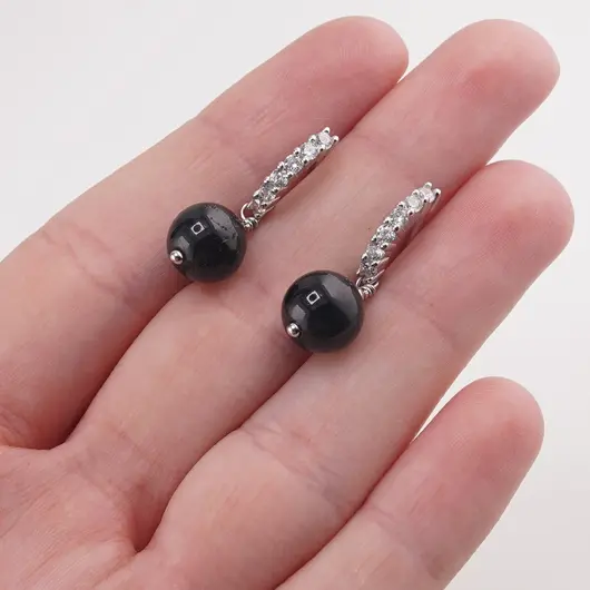 Cercei cu surub Turmalina neagra si baza de Argint 925 semirotunda cu zirconii, 8mm, imagine 3