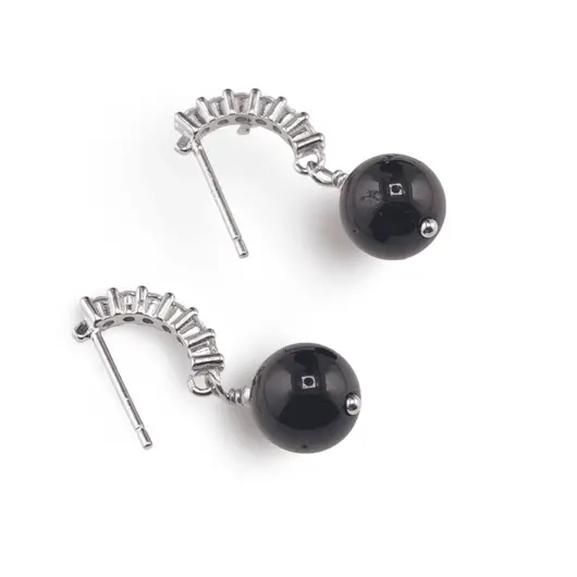 Cercei cu surub Turmalina neagra si baza de Argint 925 semirotunda cu zirconii, 8mm