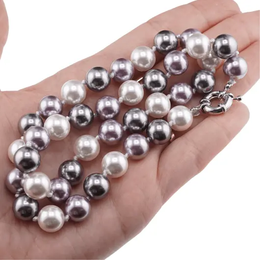 Colier Perle de Mallorca gri, violet si albe cu noduri, 10mm, imagine 3