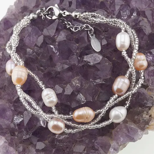 Bratara Perle de cultura pe trei randuri roz, crem si albe, 6-8mm, imagine 2